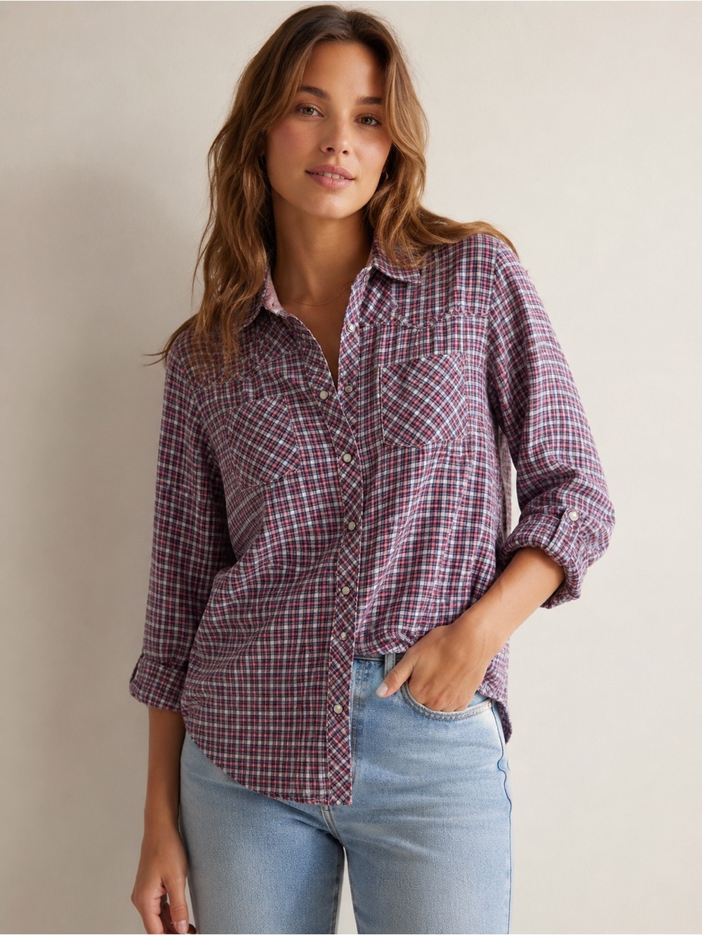Gap Textured Plaid Western Pearl Snap Shirt Medium Red Blue
